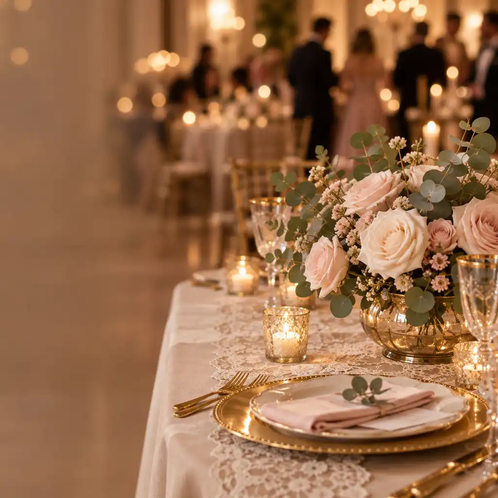 Table de réception décorée avec chemin de table en dentelle, roses pâles, eucalyptus et bougies votives