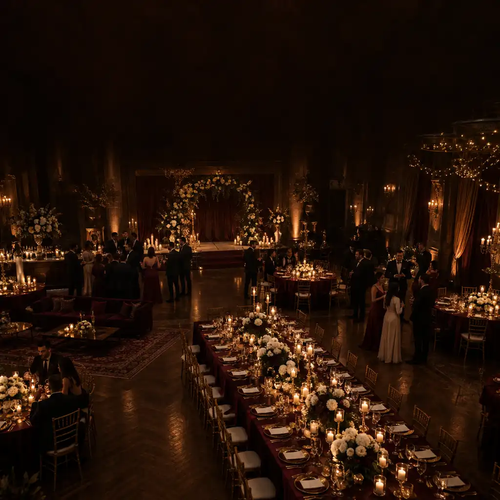 Mariage luxueux à thème dans Wedding Studio avec une table de réception élégante, des bougies et une décoration sombre et chaleureuse