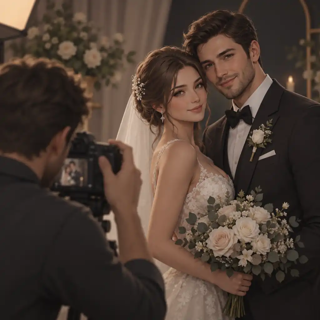 Séance photo de mariage dans le studio virtuel avec un couple et un photographe