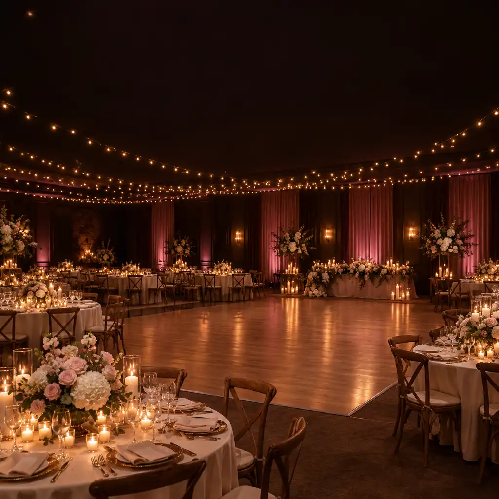 Salle de réception de mariage élégante avec tables rondes, guirlandes lumineuses et piste de danse en bois clair