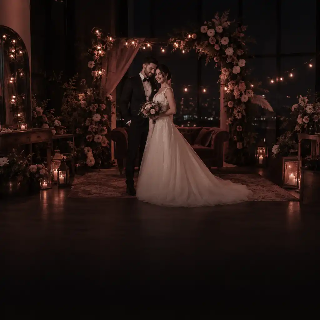 Studio photo de mariage virtuel avec un couple de mariés posant devant un décor élégant et des guirlandes lumineuses
