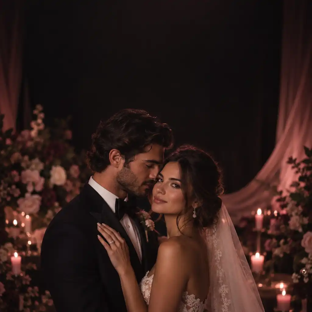 Studio photo de mariage avec éclairage doux et décor élégant