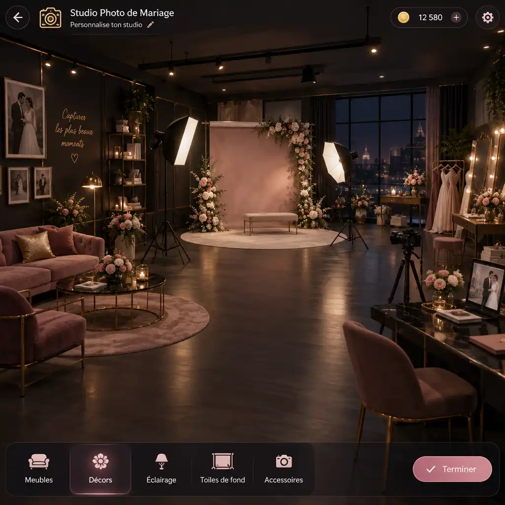 Personnalisation du studio de mariage virtuel avec décors et mobilier