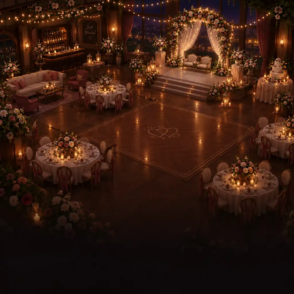 Salle de réception élégante d'un studio de mariage virtuel, décorée de fleurs blanches et roses et de guirlandes lumineuses