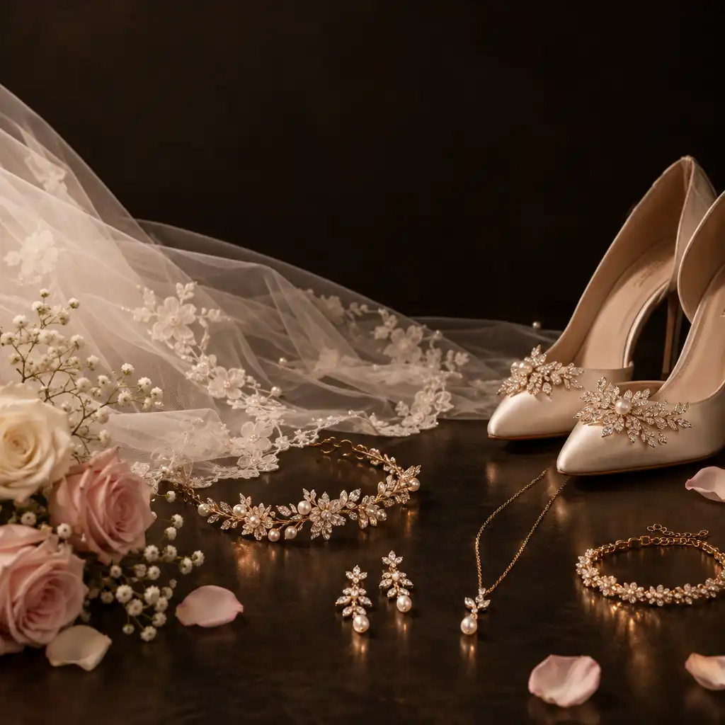 Accessoires de mariage disposés artistiquement sur une surface sombre