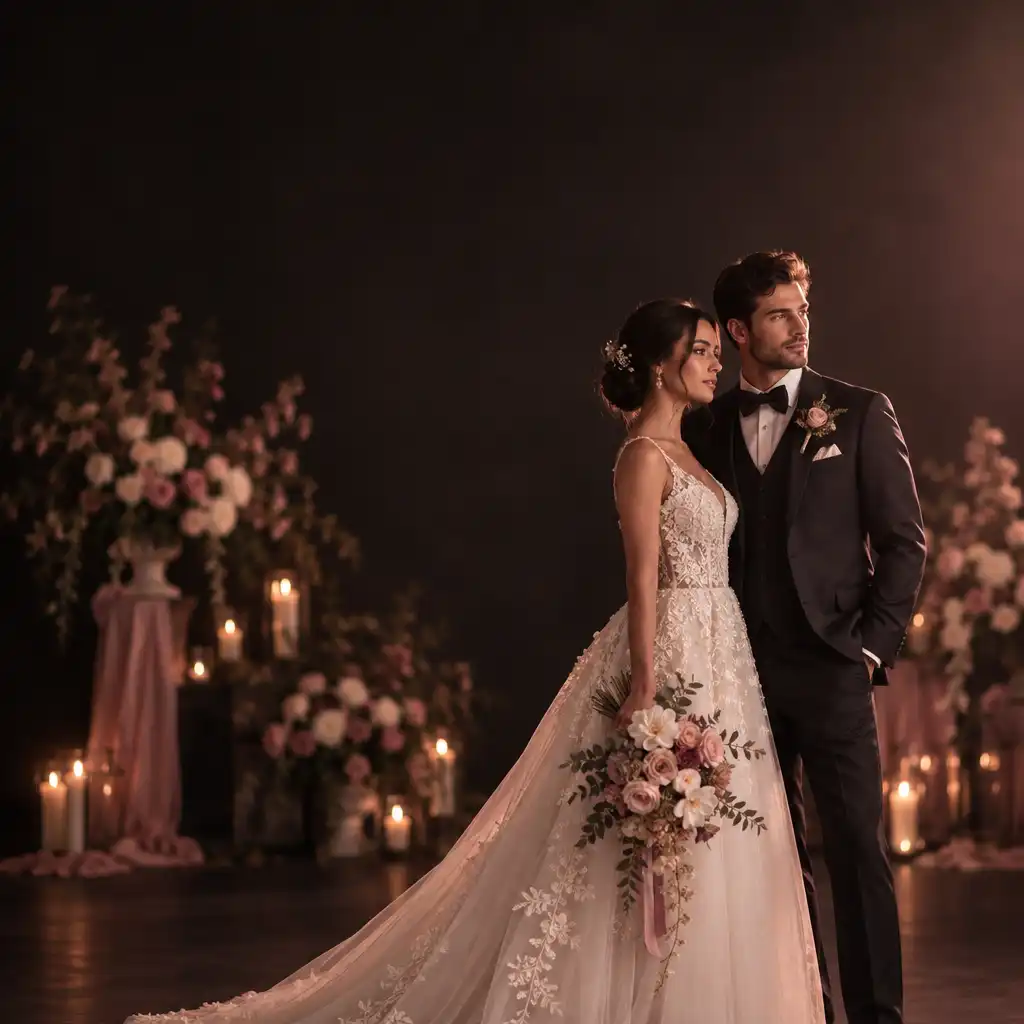 Couple de mariés stylisés en tenue de mariage élégante dans un studio photo sombre