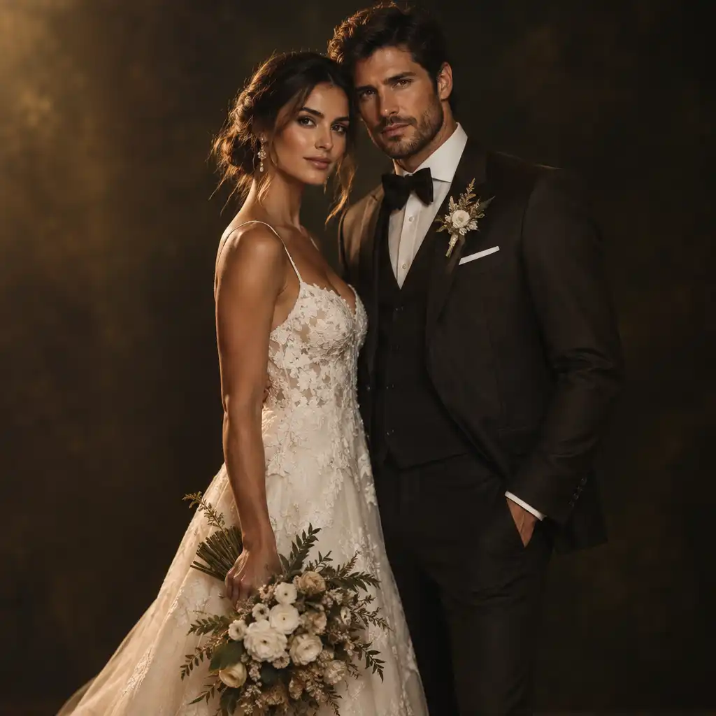 Portrait en pied d'un couple de mariés élégamment habillés dans un studio photo au fond sombre