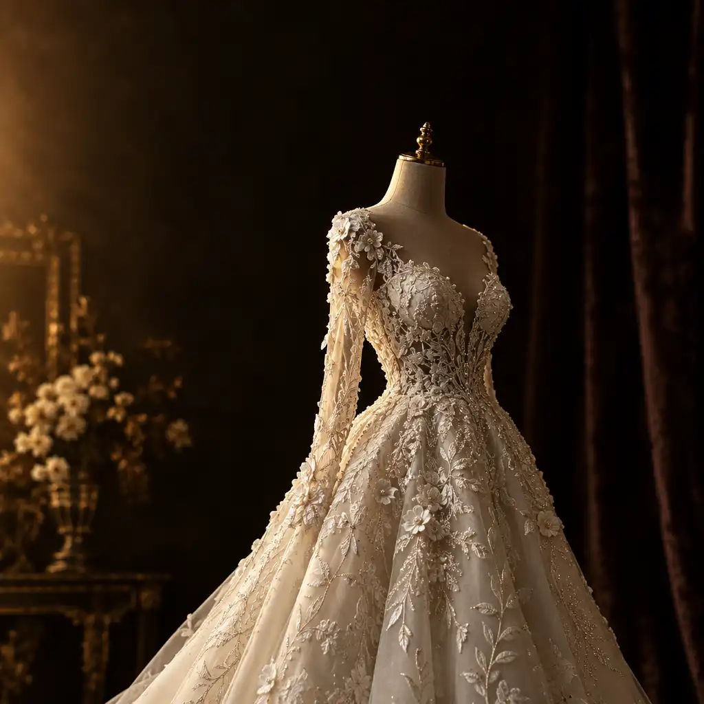 Robe de mariée blanche détaillée sur mannequin dans un studio sombre
