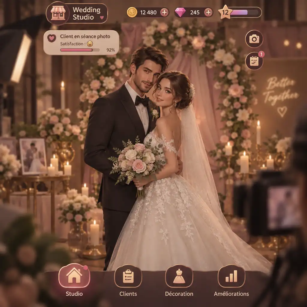 Interface de gestion du studio de mariage virtuel Wedding Studio sur un écran mobile