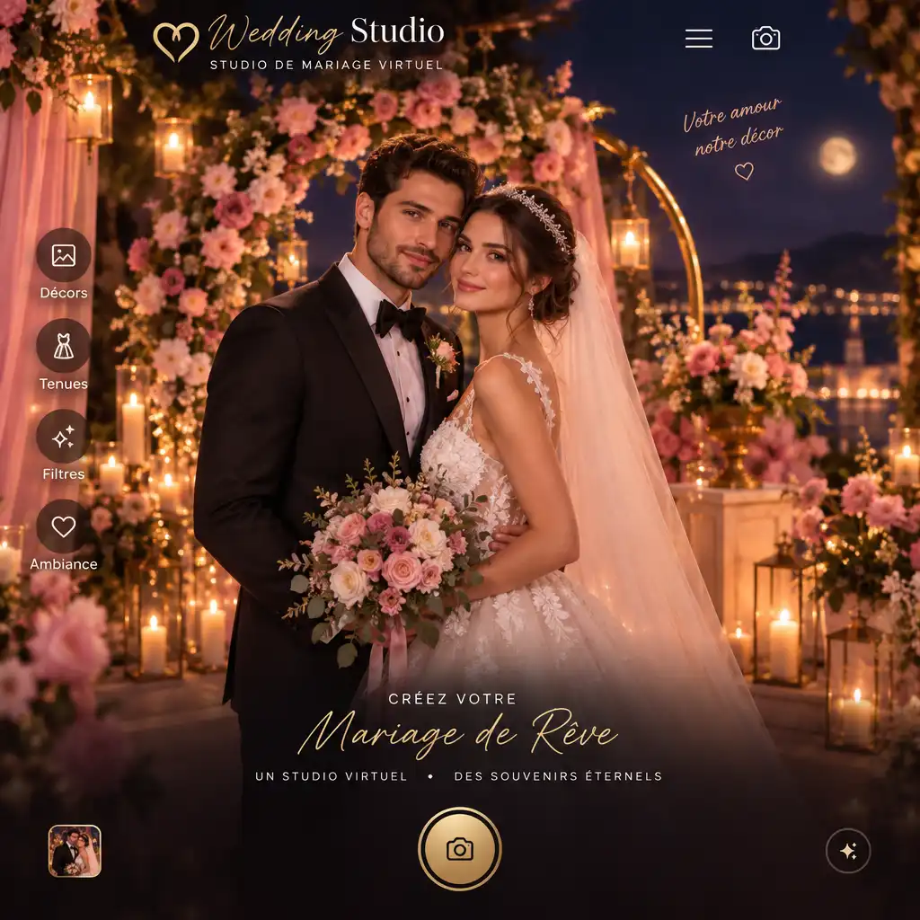 Capture d'écran stylisée de Wedding Studio montrant un studio de mariage virtuel avec un couple de mariés posant devant un décor romantique